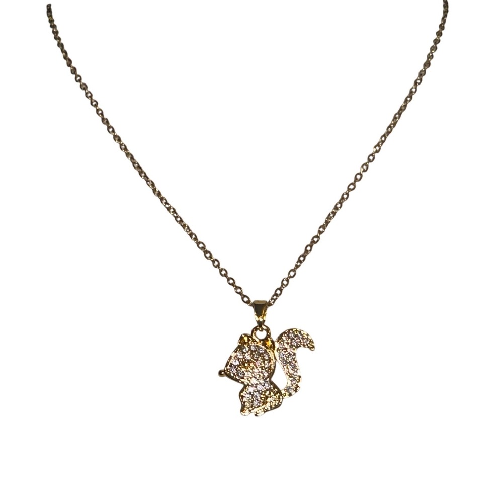 Gold Stainless Steel Crystal Squirrel Pendant Necklace Adjustable Chain Sparkly